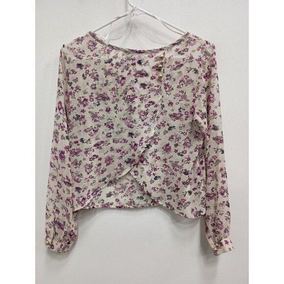 Cynthia Rowley Womens Top Size Small Ivory Purple Floral Chiffon Tulip Back - Picture 7 of 9